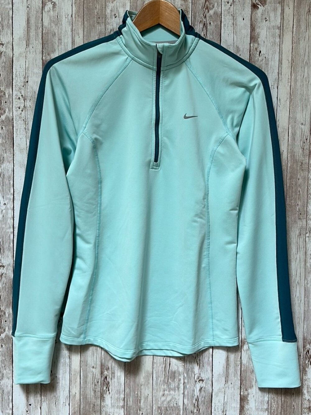 Nike Running Long Sleeve Top Small Woman's 1/4 Zip Dri-Fit Blue Aqua Reflective